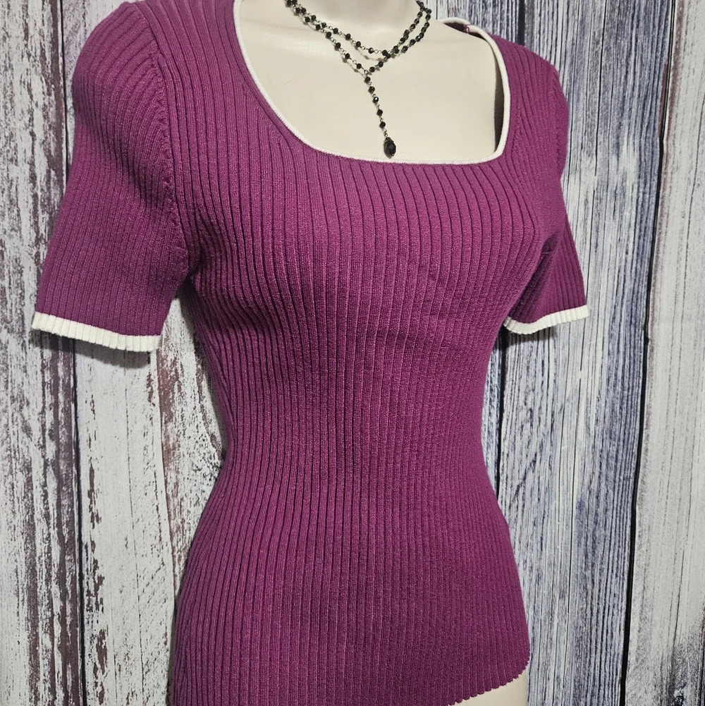 Zesica Cute Ribbed Colorblock Top (Rasberry) - Picture 3 of 6